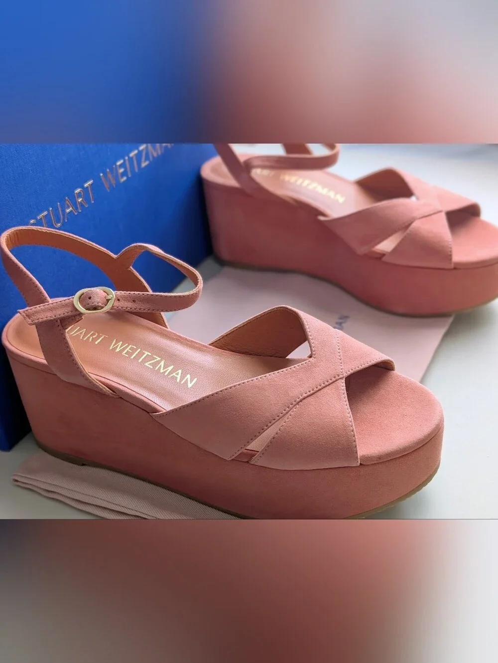 Stuart Weitzman Carmen Midi Wedge Terracotta Suede Sandals Size 8 NIB